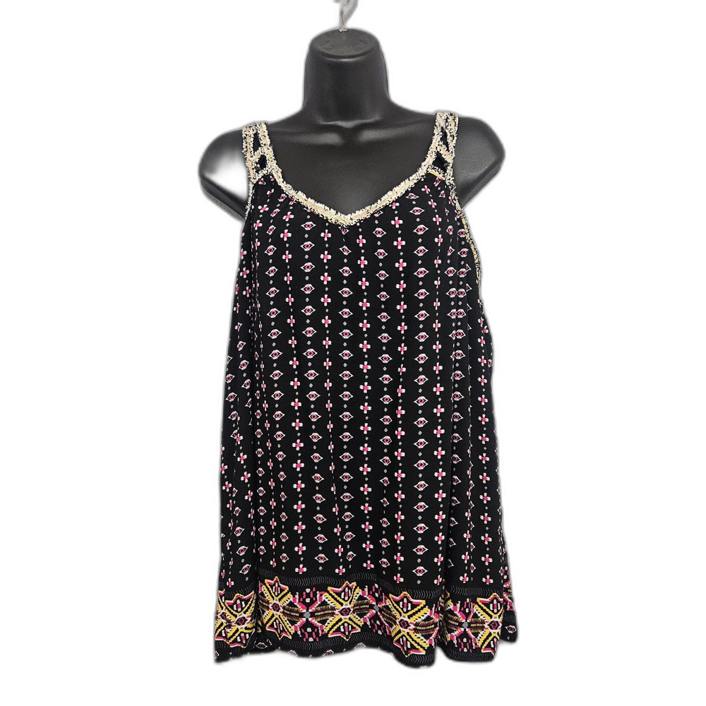 CLEARANCE - Hazel Boho Tank XL Artsy Black Flowy Rayon Tank Top